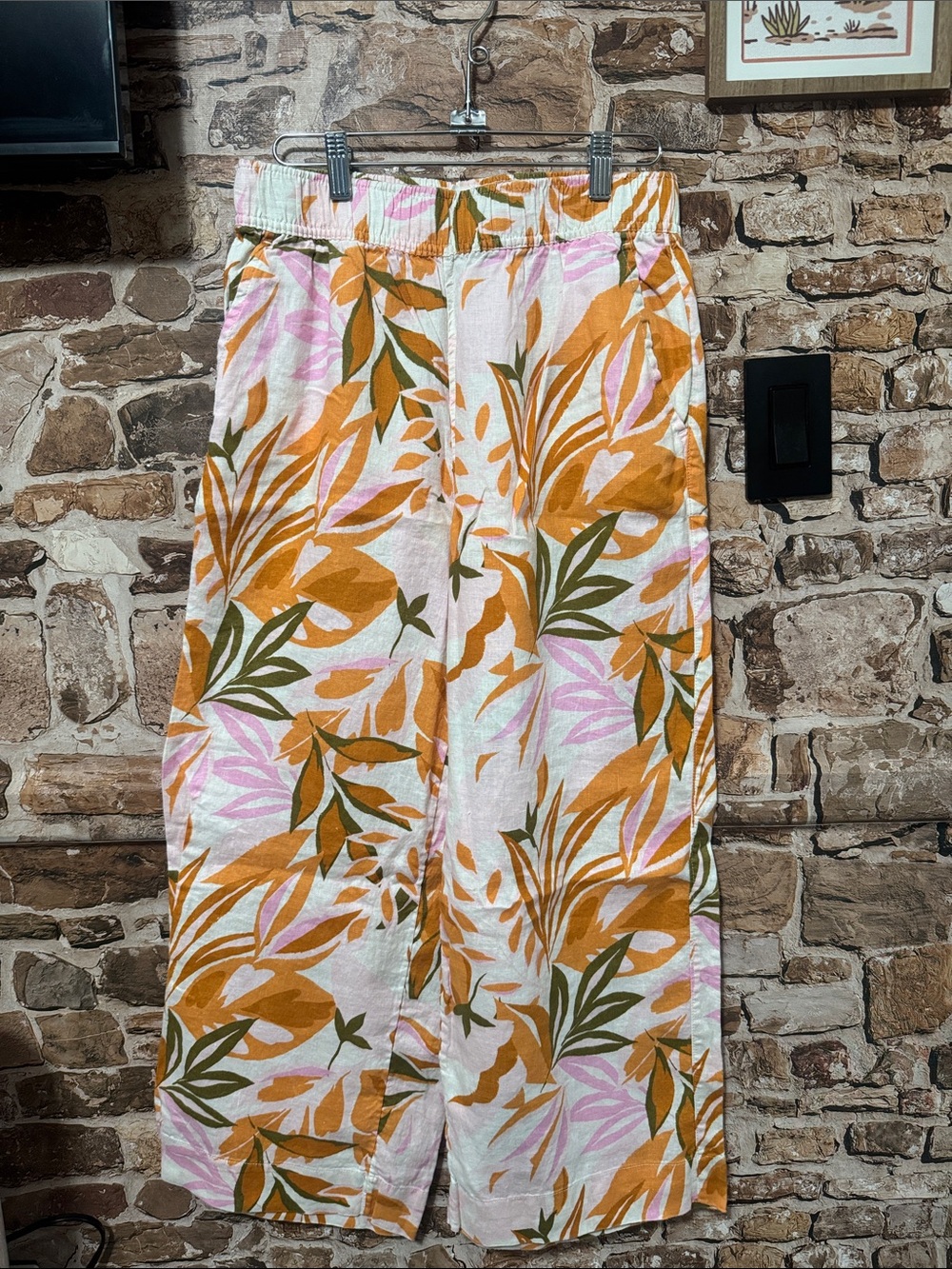 C&C California Floral Wide-Leg Linen Pants- Pink, Orange & Green